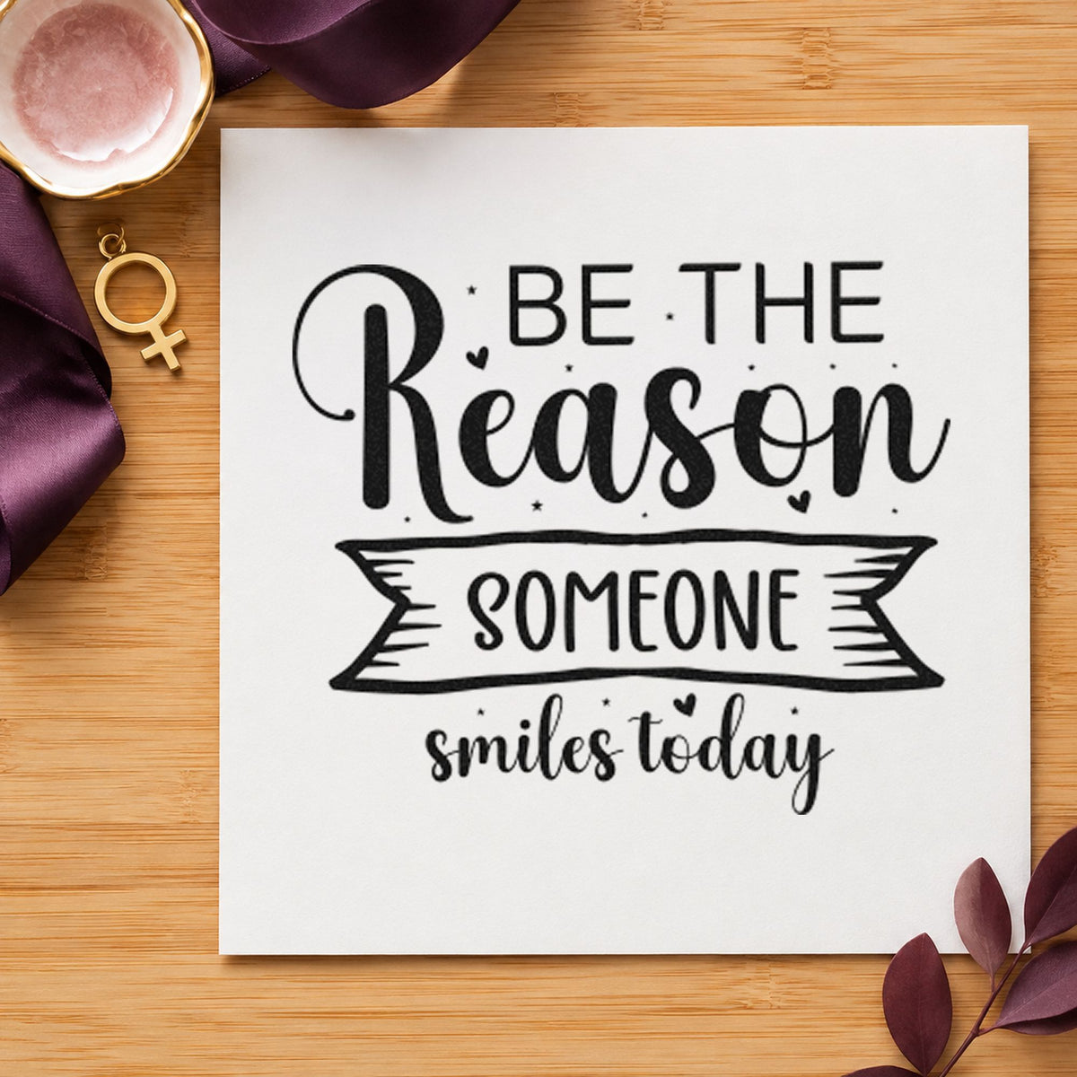 Reason Someone Smiles Today Banner craft stamp imprint in black ink on a handmade project, one idea being layover gift tags.