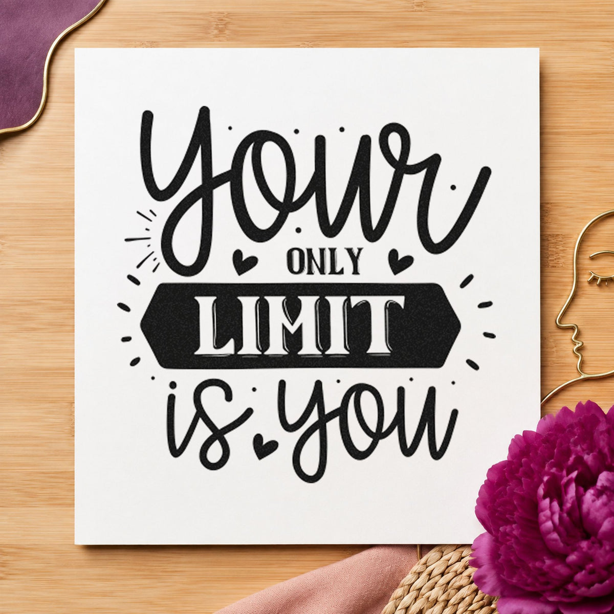 Your Only Limit Is You craft stamp imprint in black ink on a handmade project, one idea being spike bag gift tags.