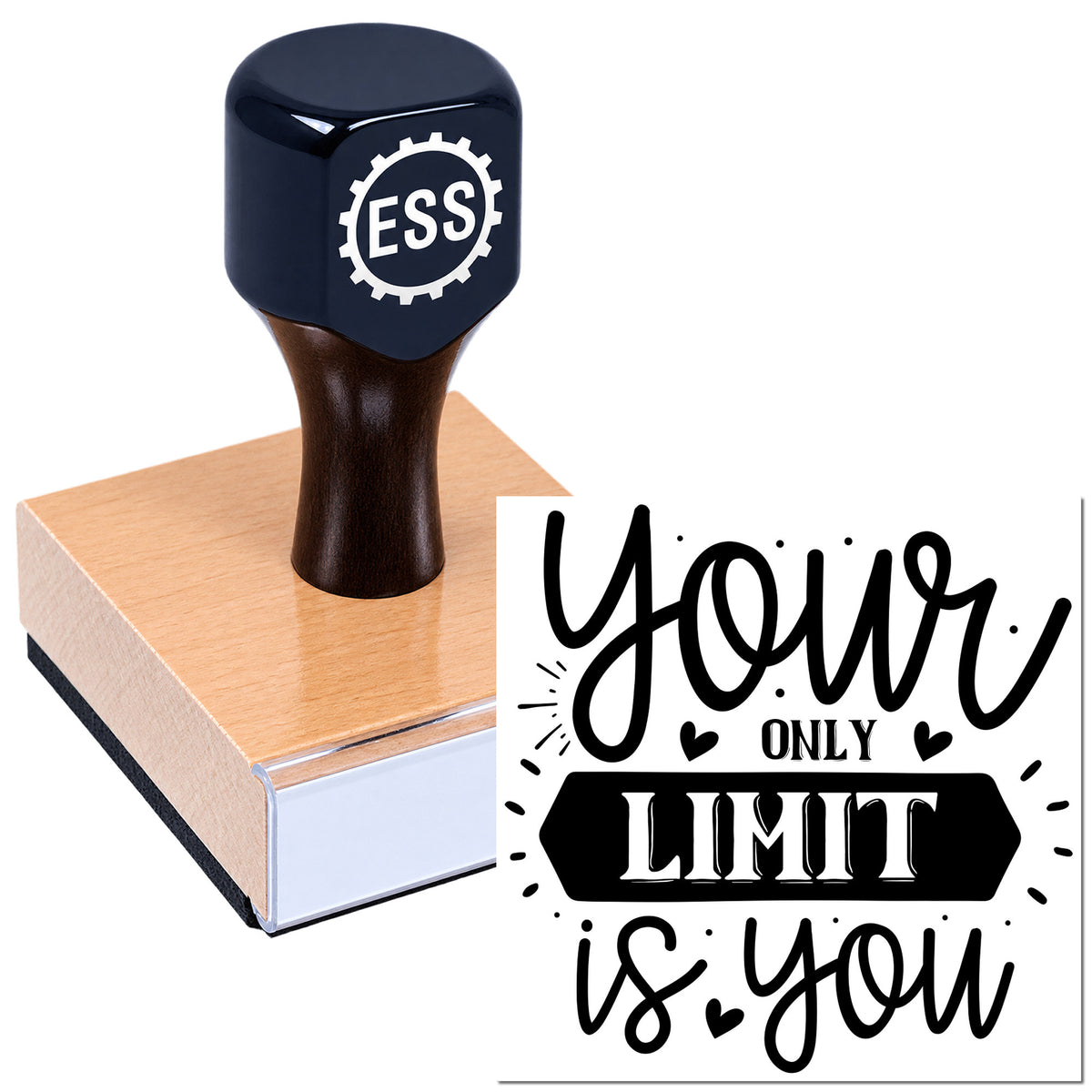 Dark navy ESS rubber stamp on a peach sealing pad, with black "Your only limit is you" imprint.