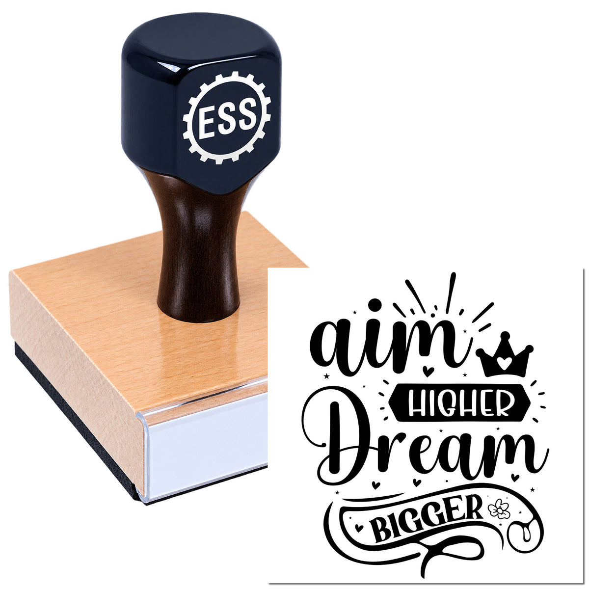 Dark navy rubber stamp with ESS logo on a wooden block beside a black "Aim Higher, Dream Bigger" seal design.