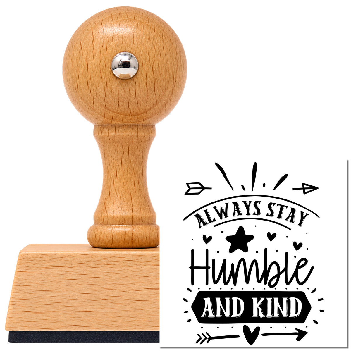 Vintage Pro beech wood stamp with a round knob handle, shown with its black Always Stay Humble Kind Star imprint on white.