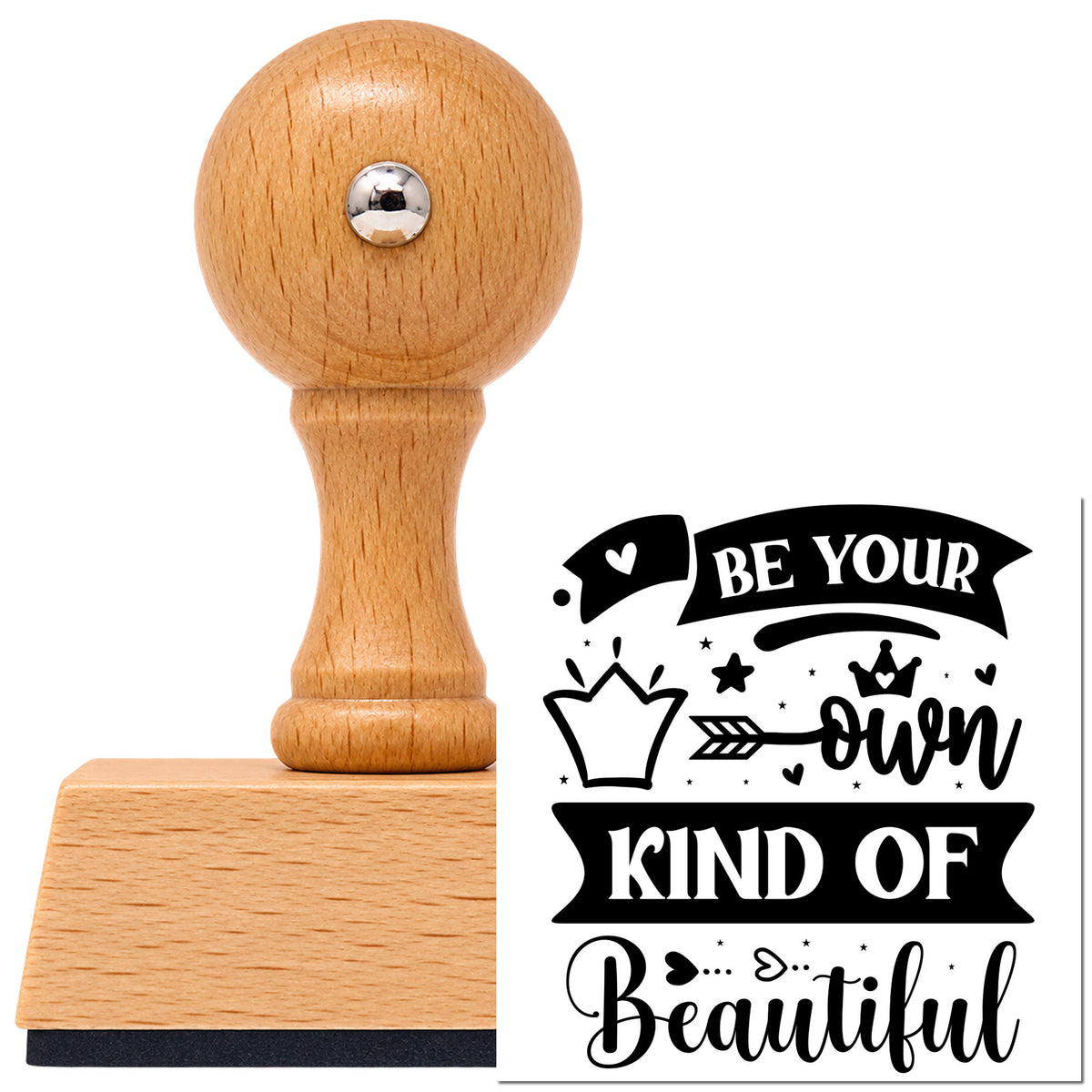 Vintage Pro beech wood stamp with a round knob handle, shown with its black Your Own Kind Of Beautiful imprint on white.