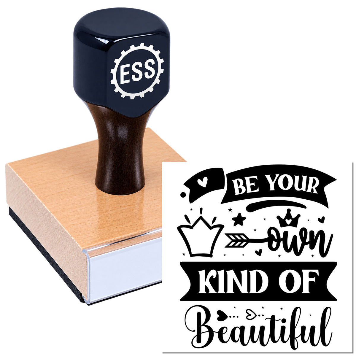 Black ESS rubber stamp on a wooden block beside a custom seal reading "Be Your Own Kind of Beautiful."