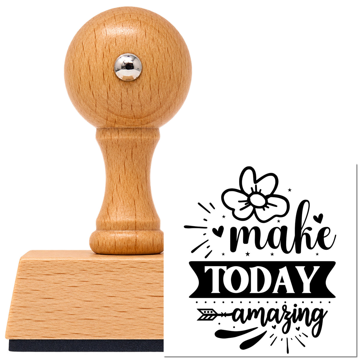 Vintage Pro beech wood stamp with a round knob handle, shown with its black Make Today Amazing Flower With Hearts imprint on white.