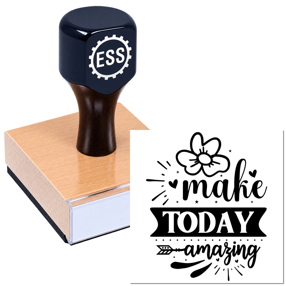 Black ESS rubber stamp on a peach wooden block, showing a "make TODAY amazing" floral seal design.