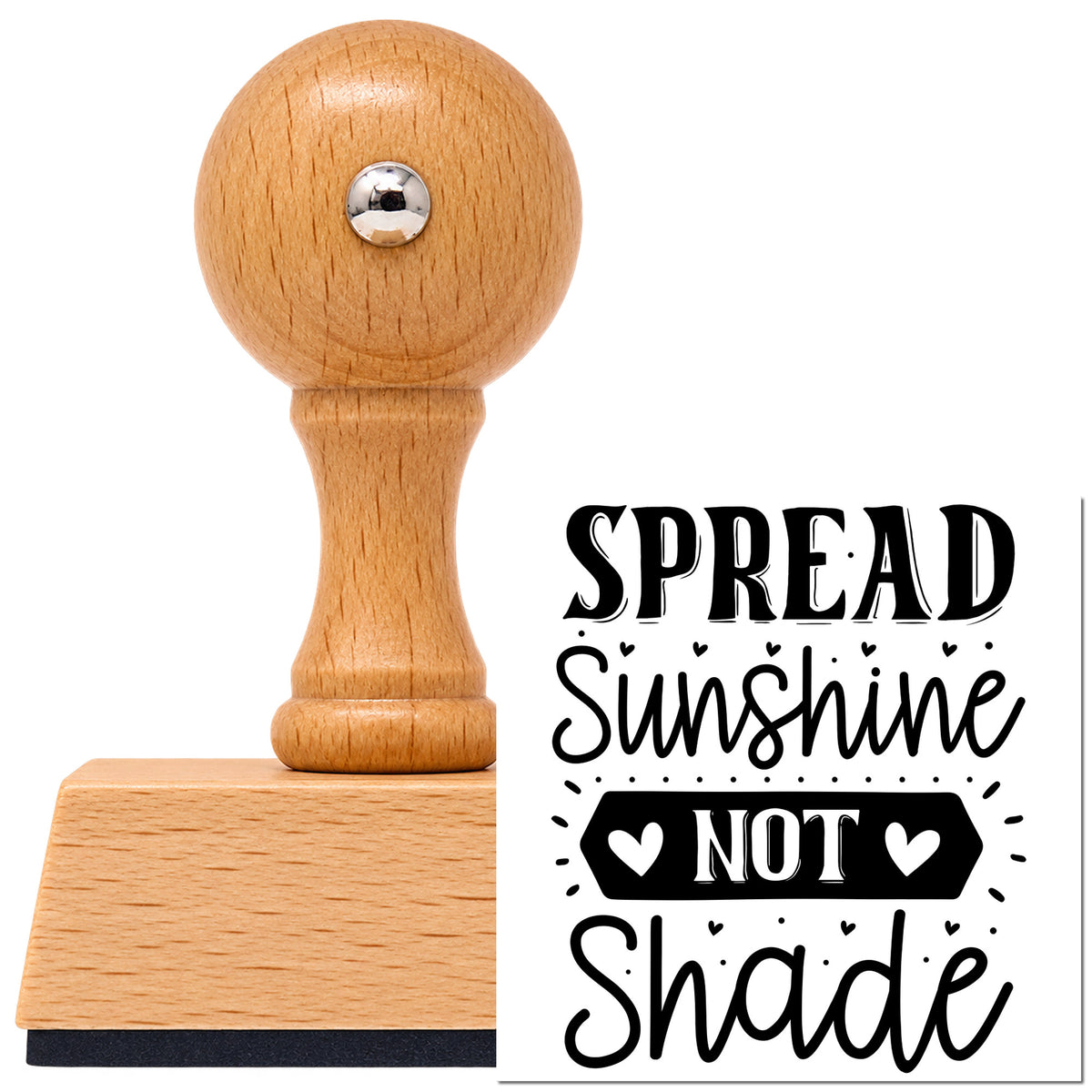 Vintage Pro beech wood stamp with a round knob handle, shown with its black Spread Sunshine Not Shade Hearts imprint on white.