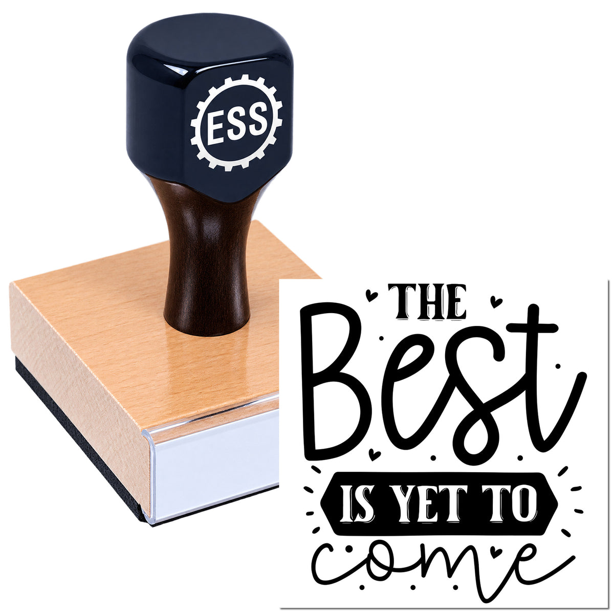 Black ESS rubber stamp on peach wax seal block, with "The Best Is Yet to Come" text design.