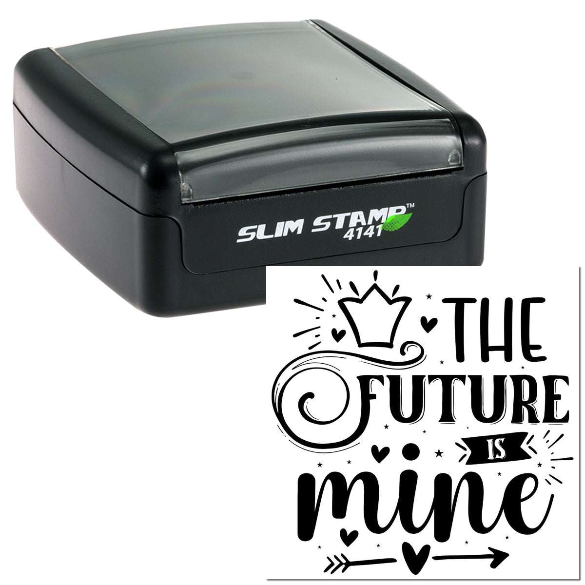 Black Slim Stamp 4141 self-inking stamp with custom seal reading The future is mine in bold decorative black design.