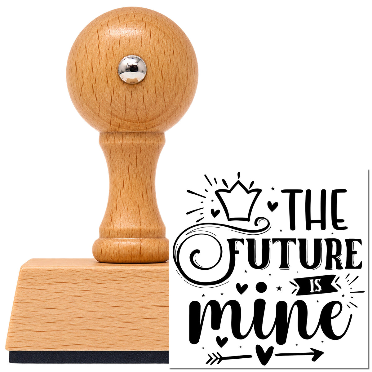 Vintage Pro beech wood stamp with a round knob handle, shown with its black The Future Is Mine Crown imprint on white.