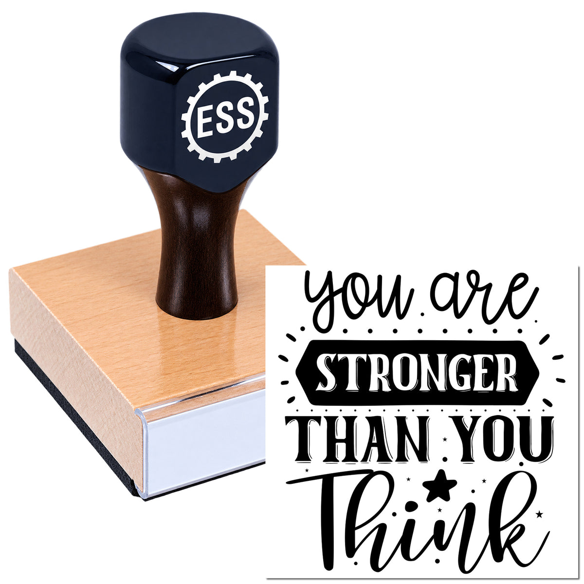 Black ESS custom rubber stamp on copper-colored base next to black-and-white motivational seal reading "You are stronger than you think."