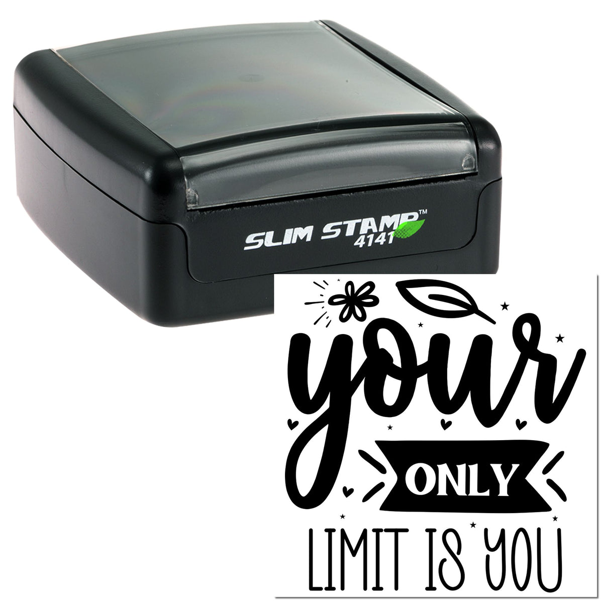 Black slim self-inking stamp and seal set with decorative you only limit is you text, leaves, hearts, and stars.