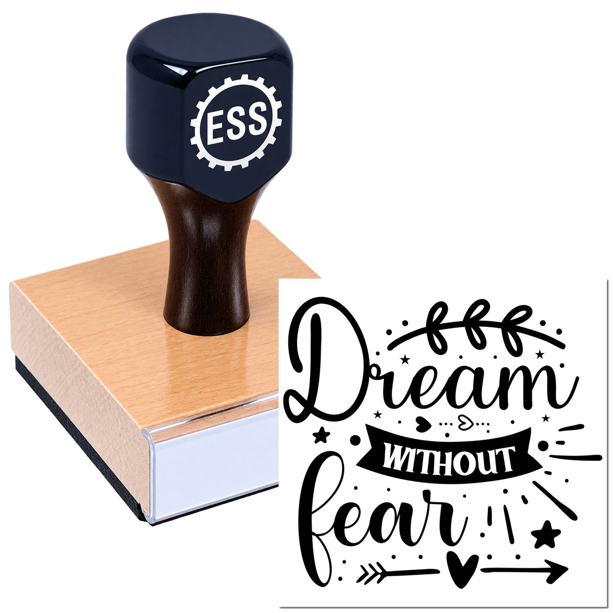Black ESS self-inking stamp and wooden seal block beside a black "Dream without fear" decorative imprint design.
