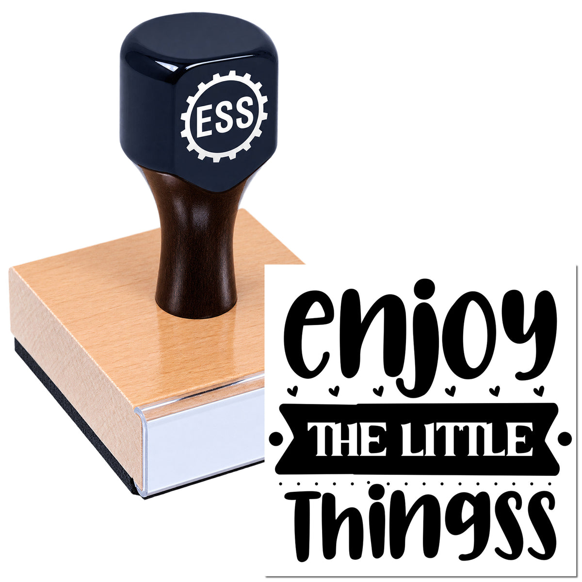 Black ESS gear-logo stamp on a pink wax seal block with "enjoy the little things" design in black and white.