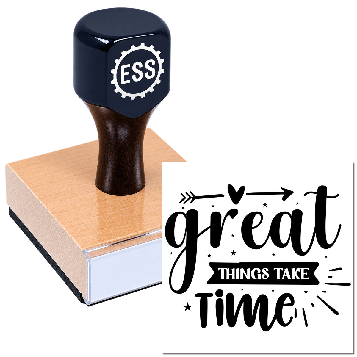 Blue ESS rubber stamp on wood block with black "great things take time" seal design and stars