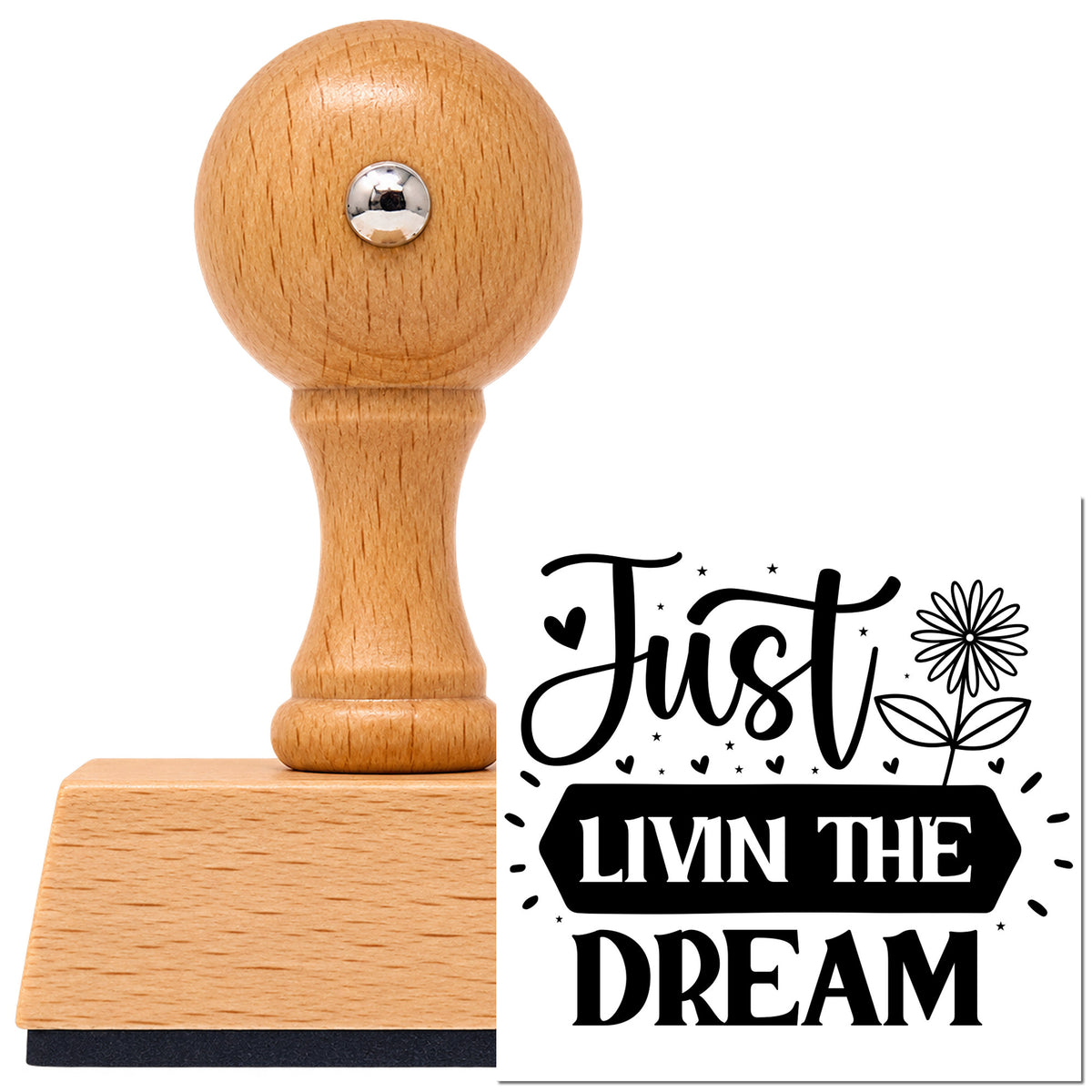 Vintage Pro beech wood stamp with a round knob handle, shown with its black Just Livin Dream Flower With Hearts imprint on white.