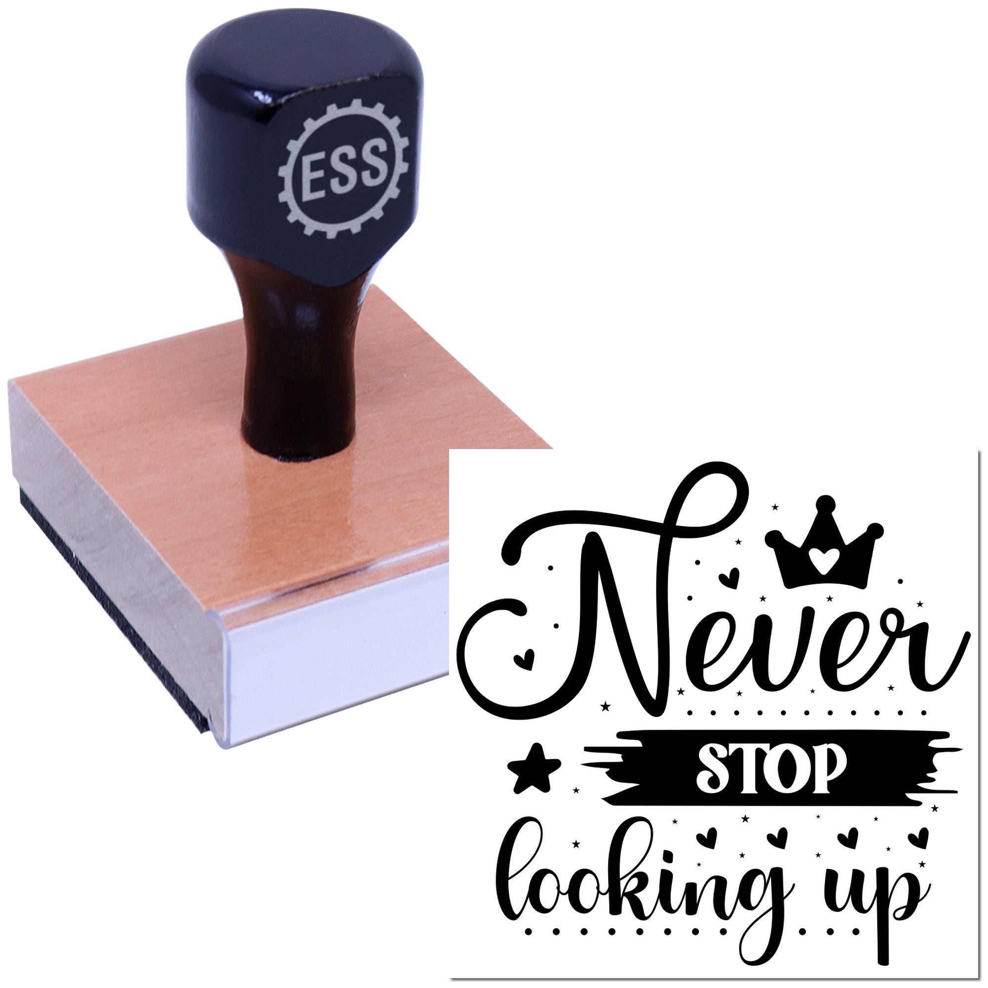 Black ESS self-inking stamp on a pink base beside a black Never stop looking up seal design.