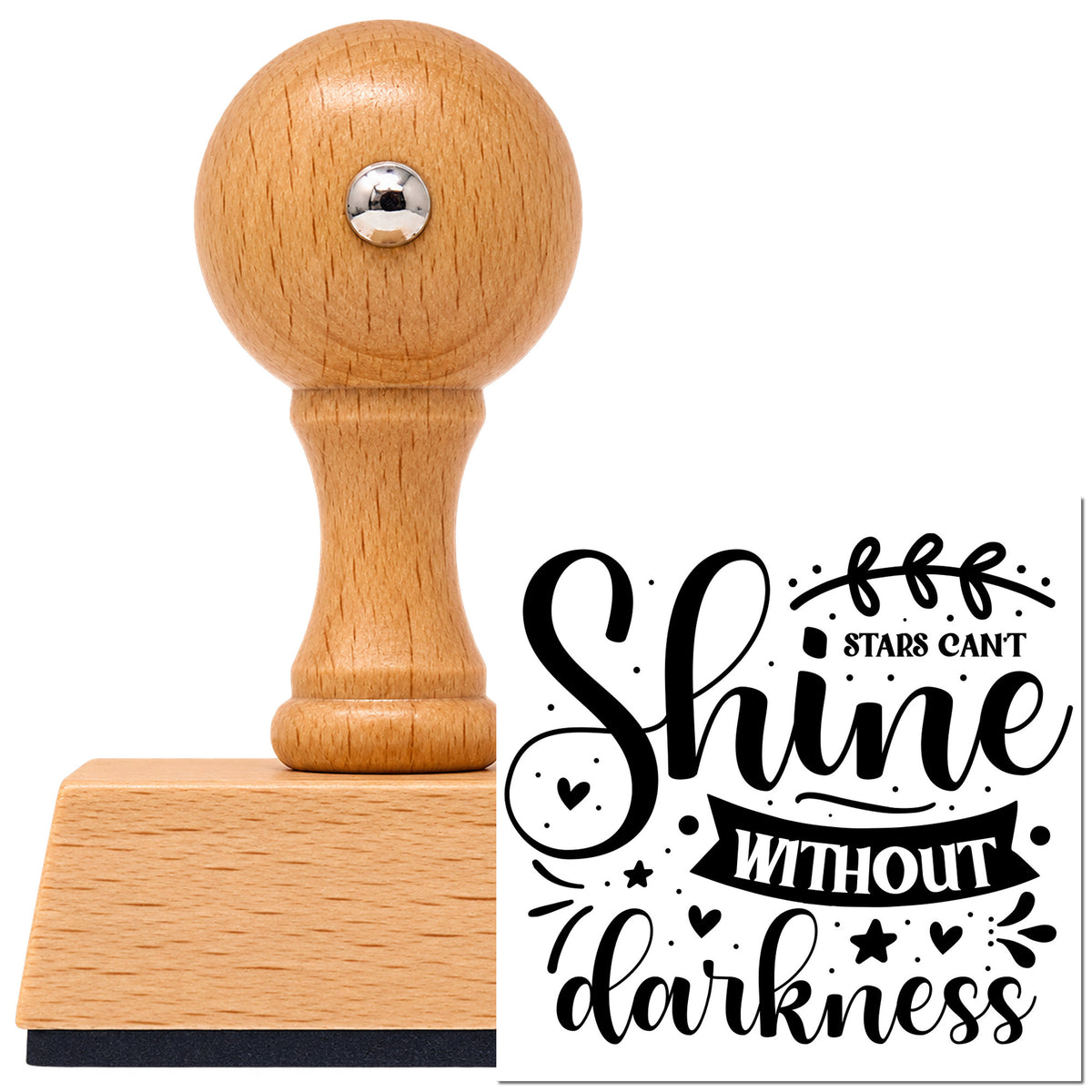 Vintage Pro beech wood stamp with a round knob handle, shown with its black Stars Can't Shine Without Darkness Botanical Sprig imprint on white.