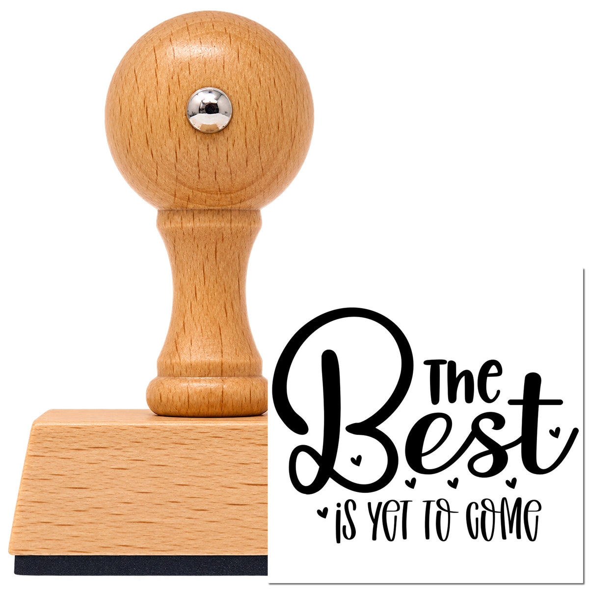 Vintage Pro beech wood stamp with a round knob handle, shown with its black The Best Is Yet To Come Heart Accents imprint on white.