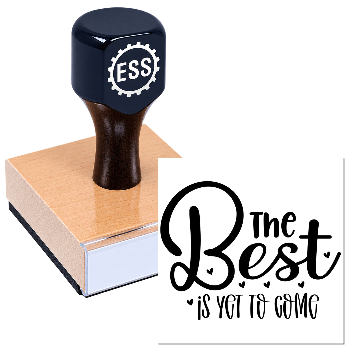 Dark navy ESS stamp and seal on a wooden base, paired with black "The Best is Yet to Come" lettering on white.