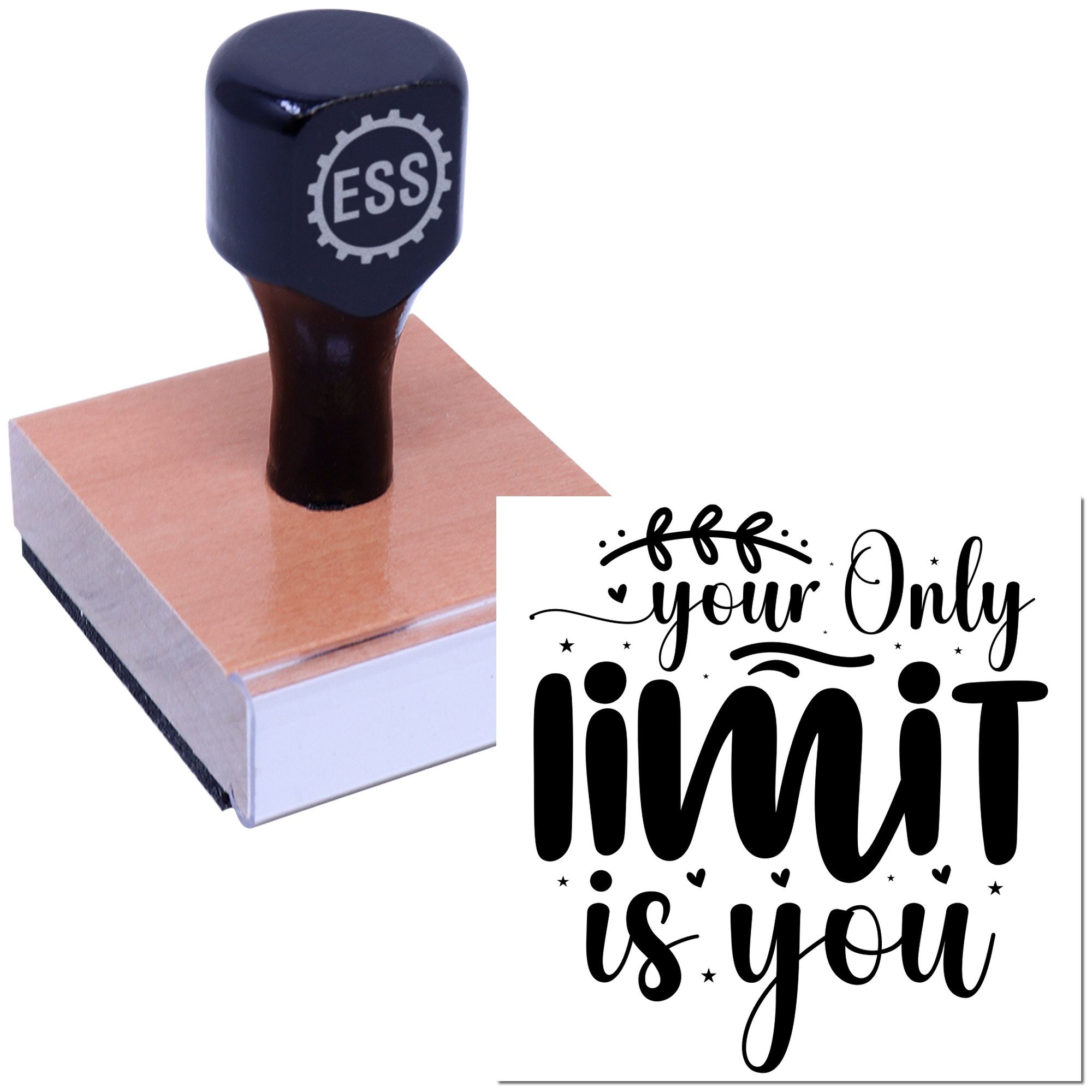 Dark navy custom rubber stamp on pink seal pad with black Your Only Limit Is You lettering and decorative seal.