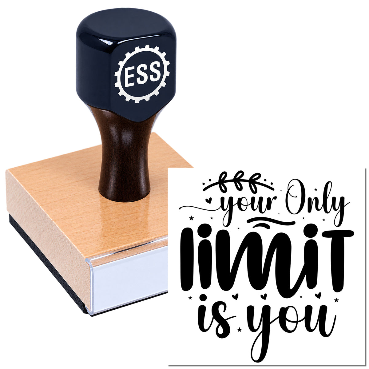 Dark navy custom rubber stamp on pink seal pad with black "Your Only Limit Is You" lettering and decorative seal.