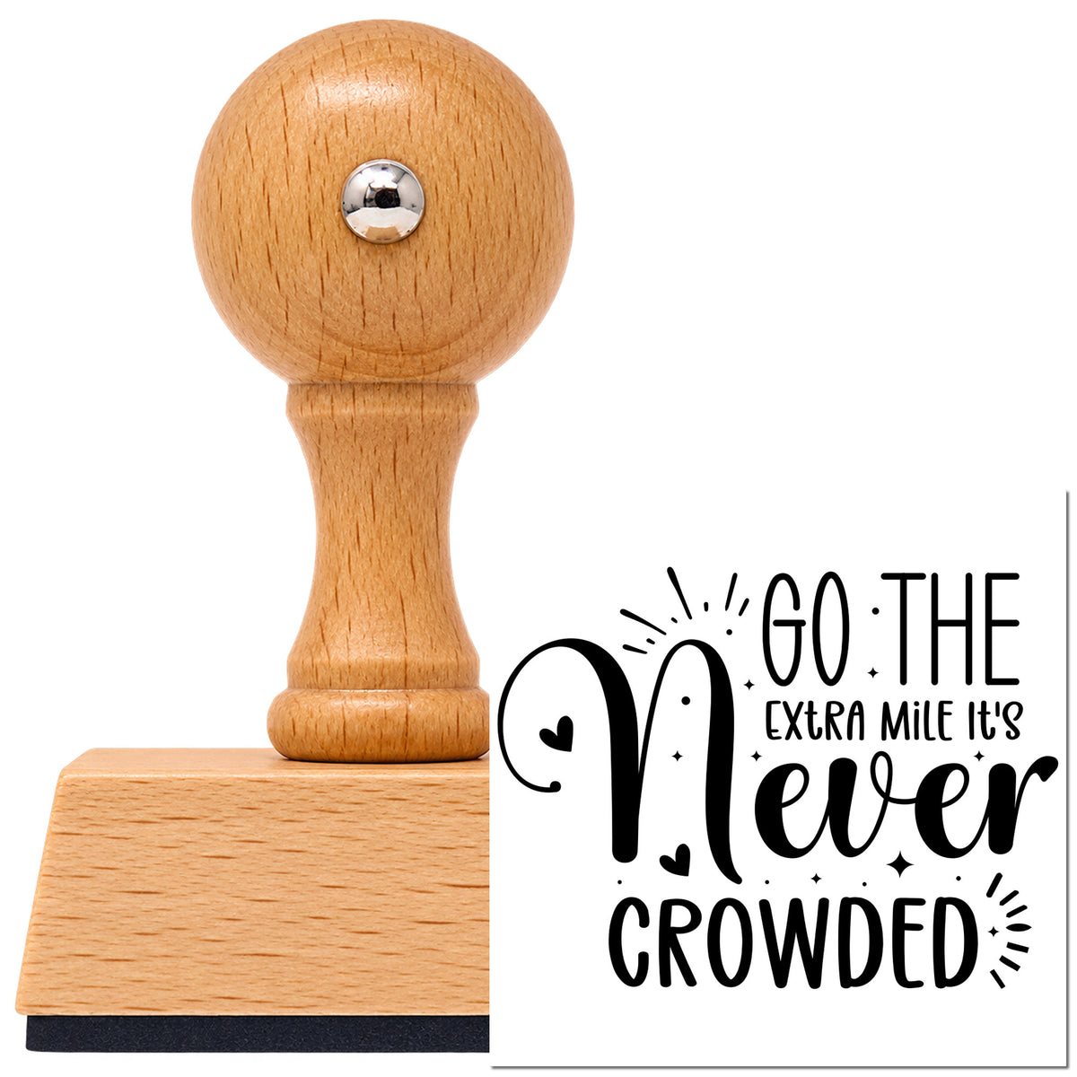 Vintage Pro beech wood stamp with a round knob handle, shown with its black Go Extra Mile Never Crowded imprint on white.
