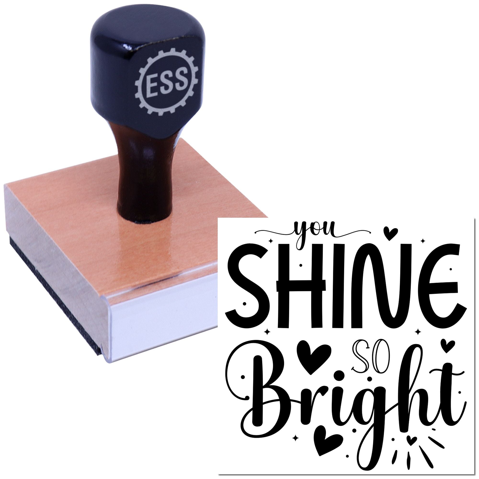 Dark navy custom rubber stamp and peach seal block with you shine so bright lettering and heart accents.