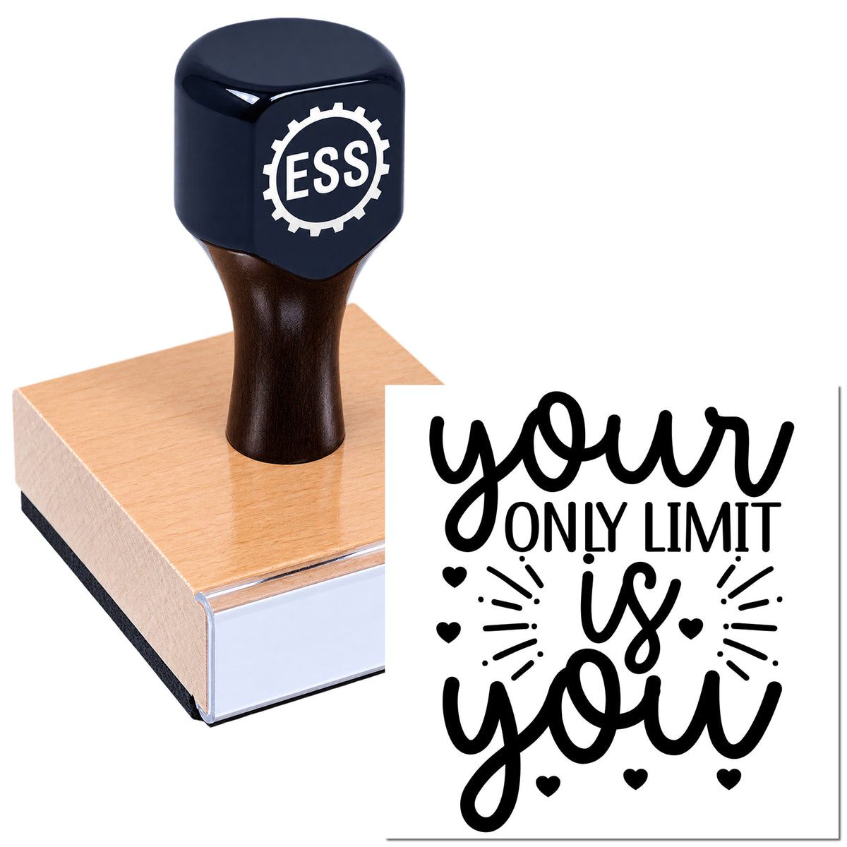 Black ESSI stamp on a pink seal block with white logo and a black your only limit is you design.