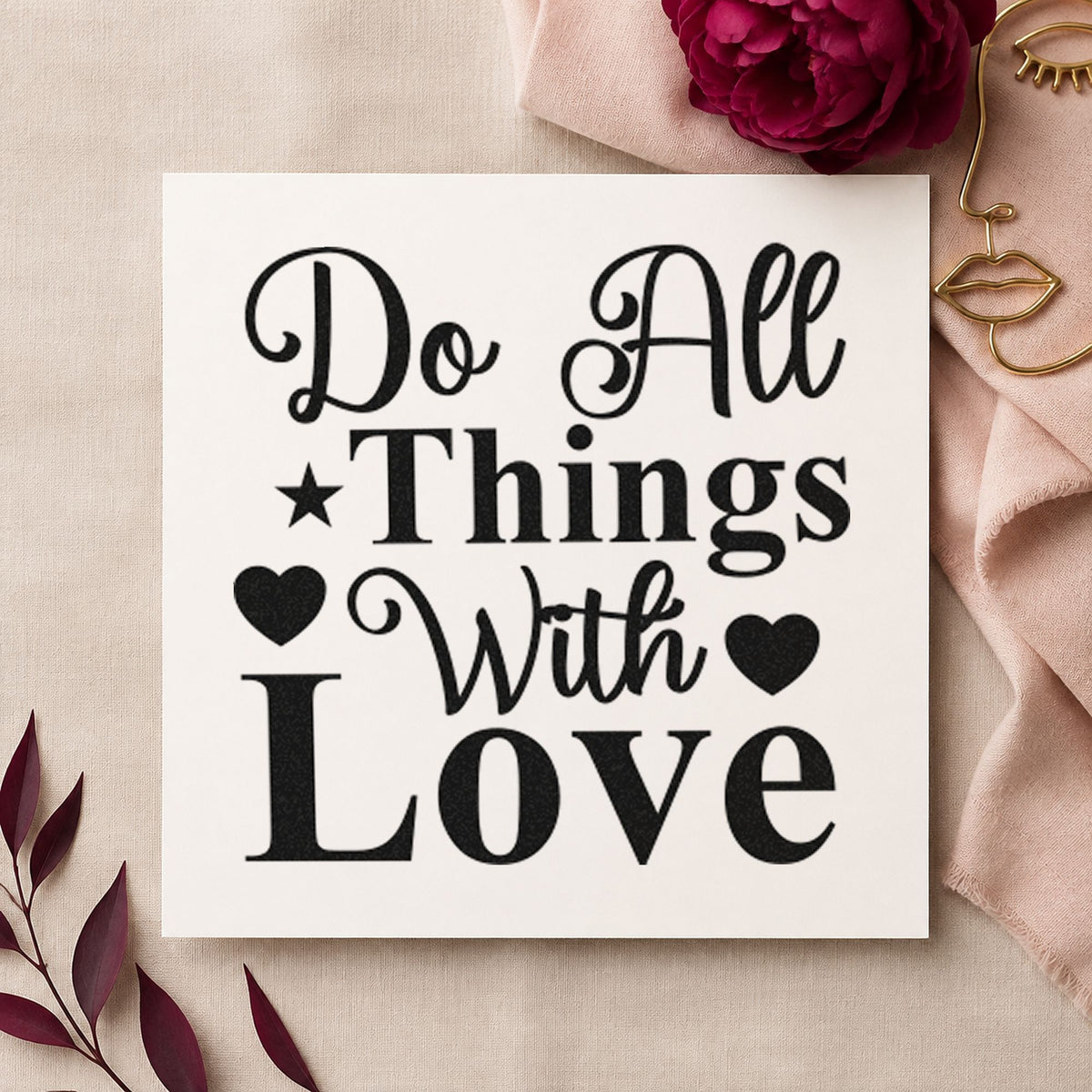 Do All Things With Love craft stamp imprint in black ink on a handmade project, one idea being cake box gift tags.
