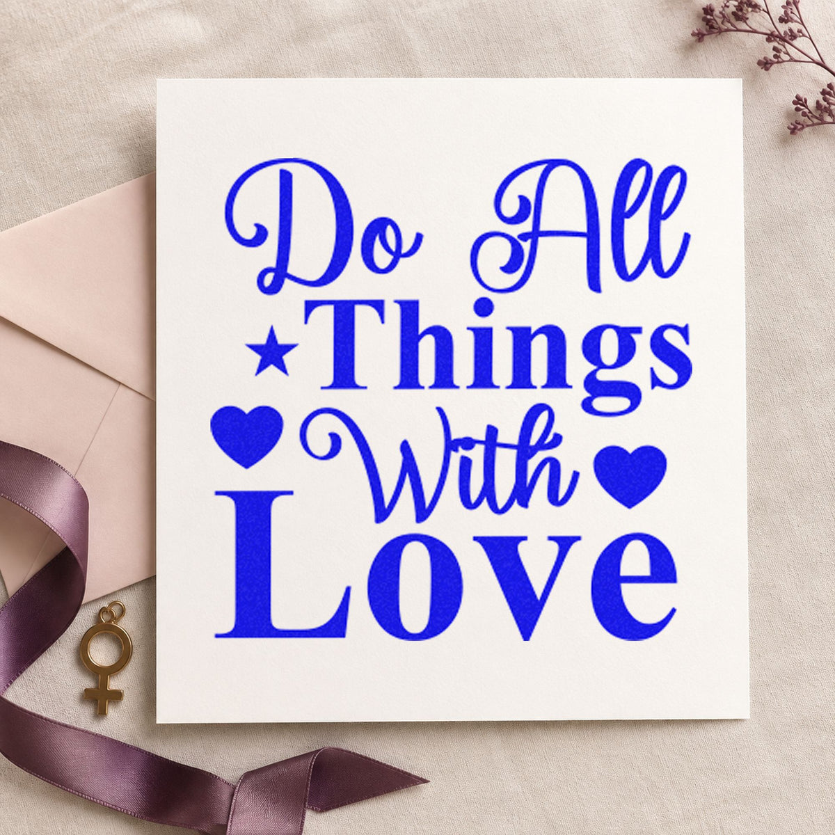Do All Things With Love craft stamp in blue ink on cardstock, an easy option for baker apron printing.