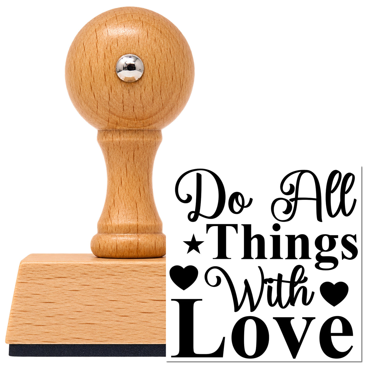 Vintage Pro beech wood stamp with a round knob handle, shown with its black Do All Things With Love With Stars imprint on white.