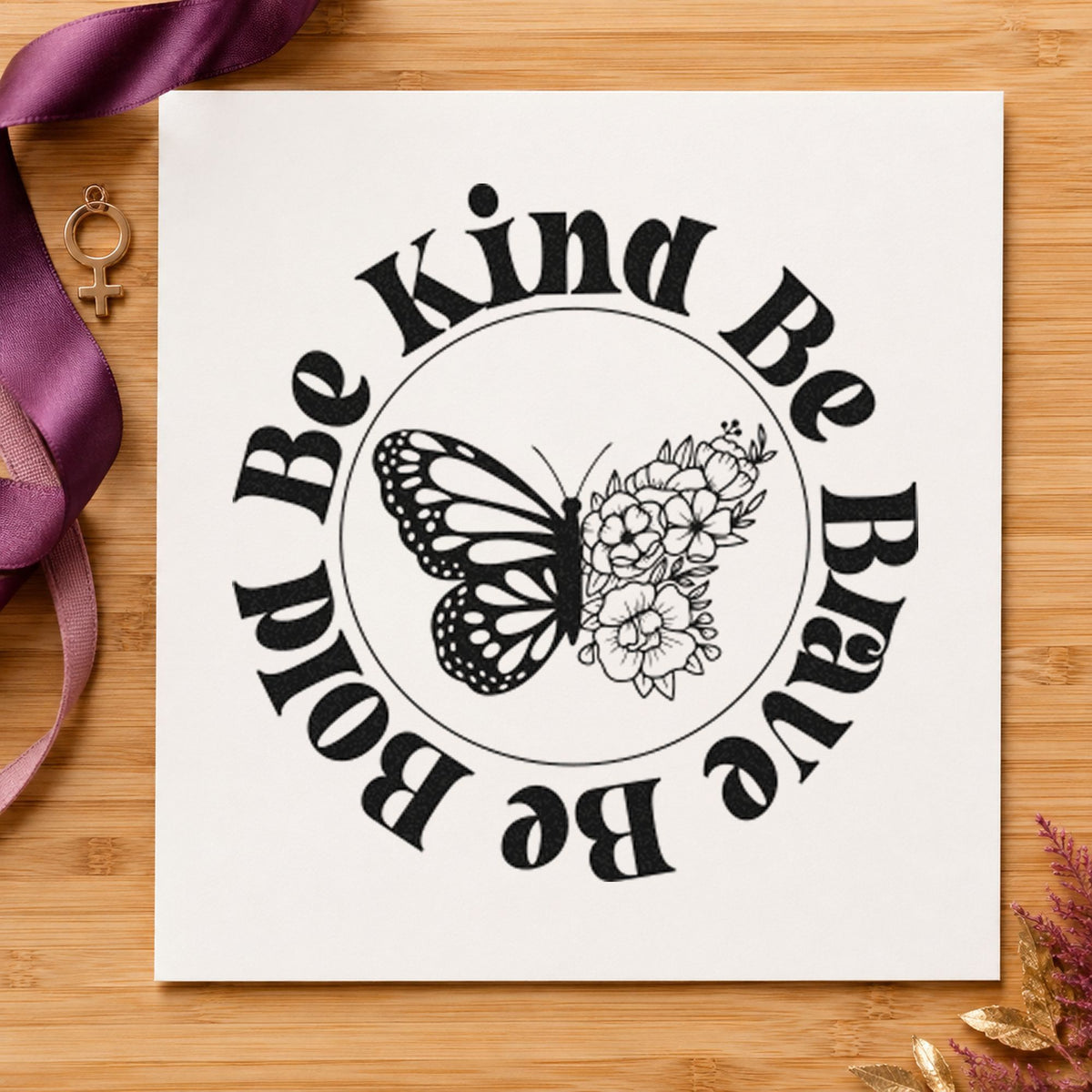 Be Kind Brave Bold Butterfly craft stamp imprint in black ink on a handmade project, one idea being kit box gift tags.
