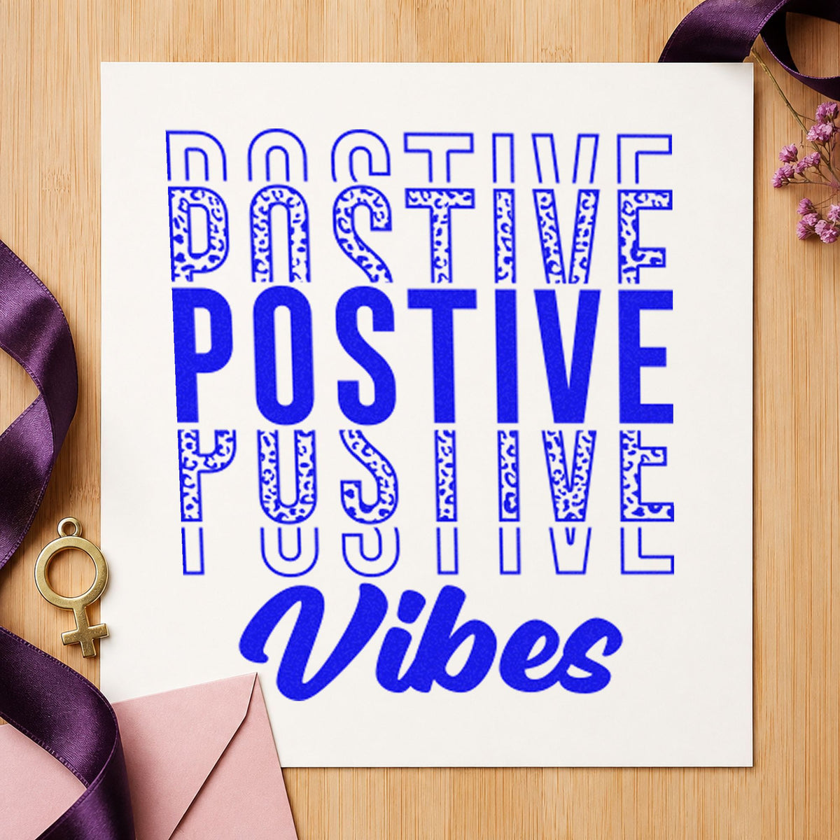 Positive Vibes Repeated Lettering craft stamp in blue ink on cardstock, an easy option for cushion cover printing.