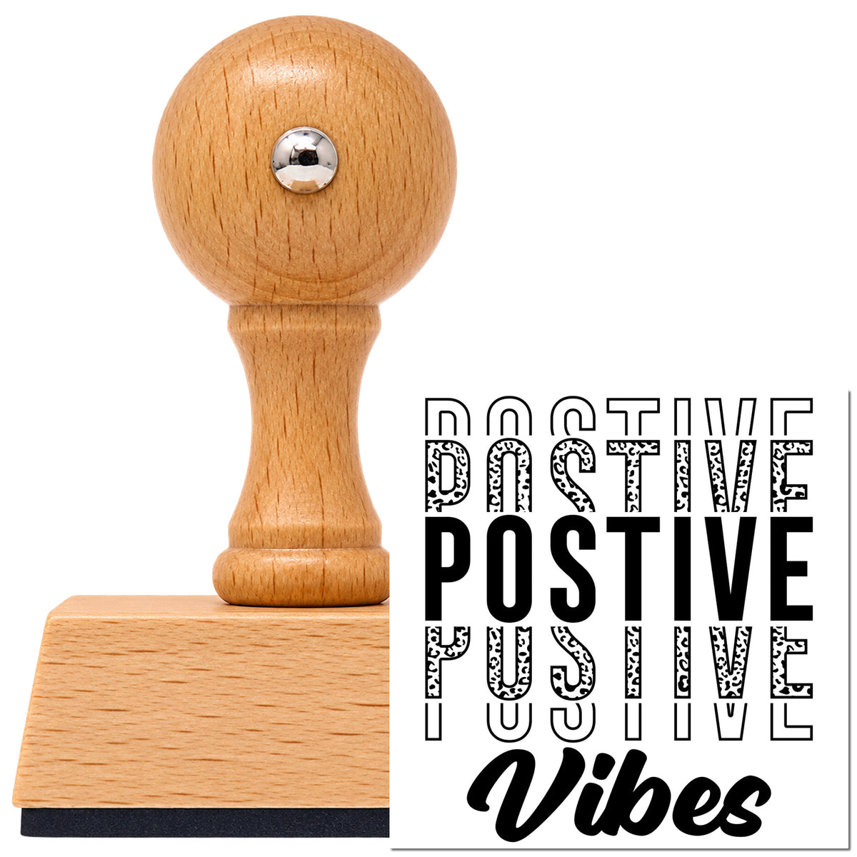 Vintage Pro beech wood stamp with a round knob handle, shown with its black Positive Vibes Repeated Word Art imprint on white.