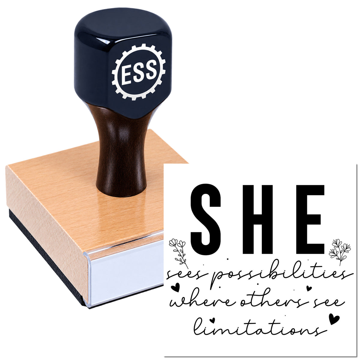 Black ESS custom stamp and seal on brown wooden block beside white SHE quote card with floral accents