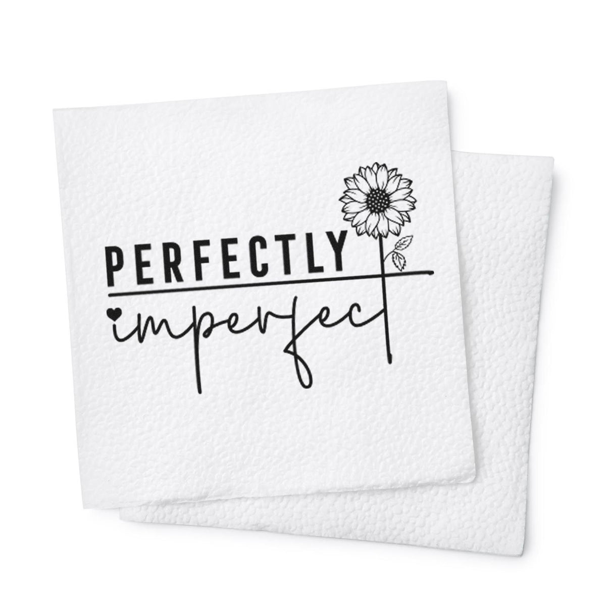 White textured stamp and seal cards with black Perfectly imperfect text and sunflower line art.