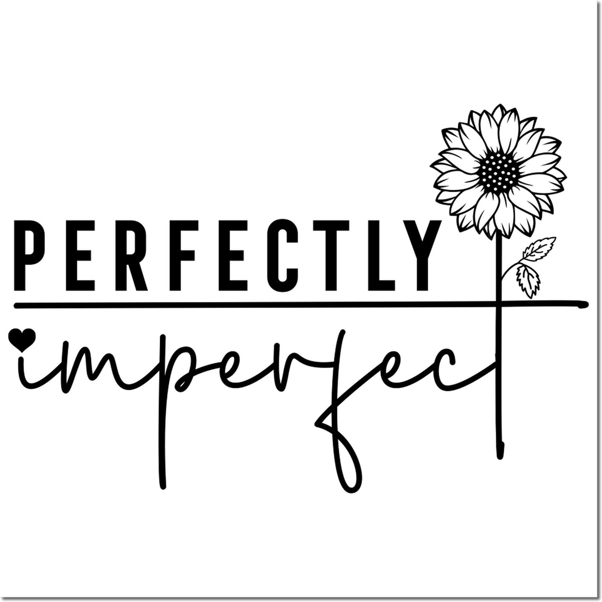 Black Perfectly Imperfect decorative stamp seal with sunflower, heart, and leaf details on a white background