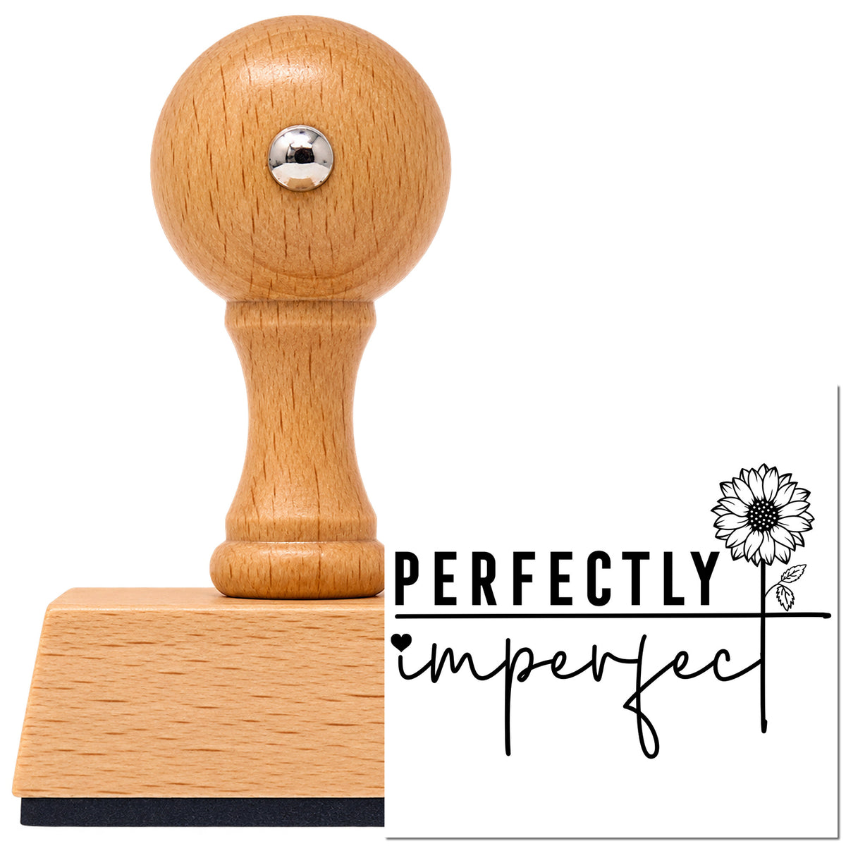 Vintage Pro beech wood stamp with a round knob handle, shown with its black Perfectly Imperfect Sunflower Word Art imprint on white.
