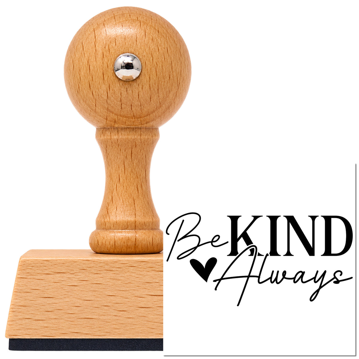 Vintage Pro beech wood stamp with a round knob handle, shown with its black Be Kind Always imprint on white.