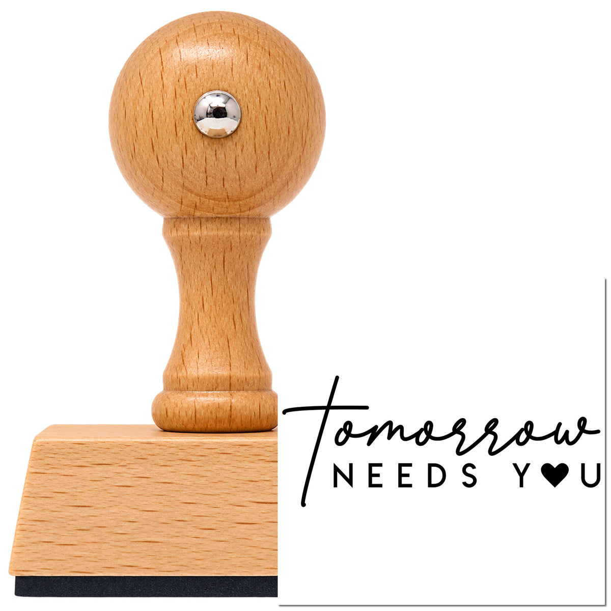 Vintage Pro beech wood stamp with a round knob handle, shown with its black Tomorrow Needs You Heart imprint on white.