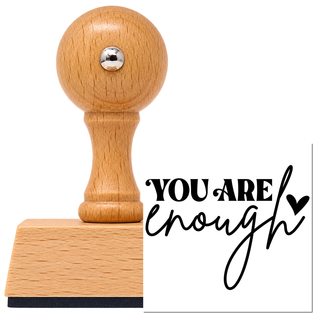Vintage Pro beech wood stamp with a round knob handle, shown with its black You Are Enough imprint on white.