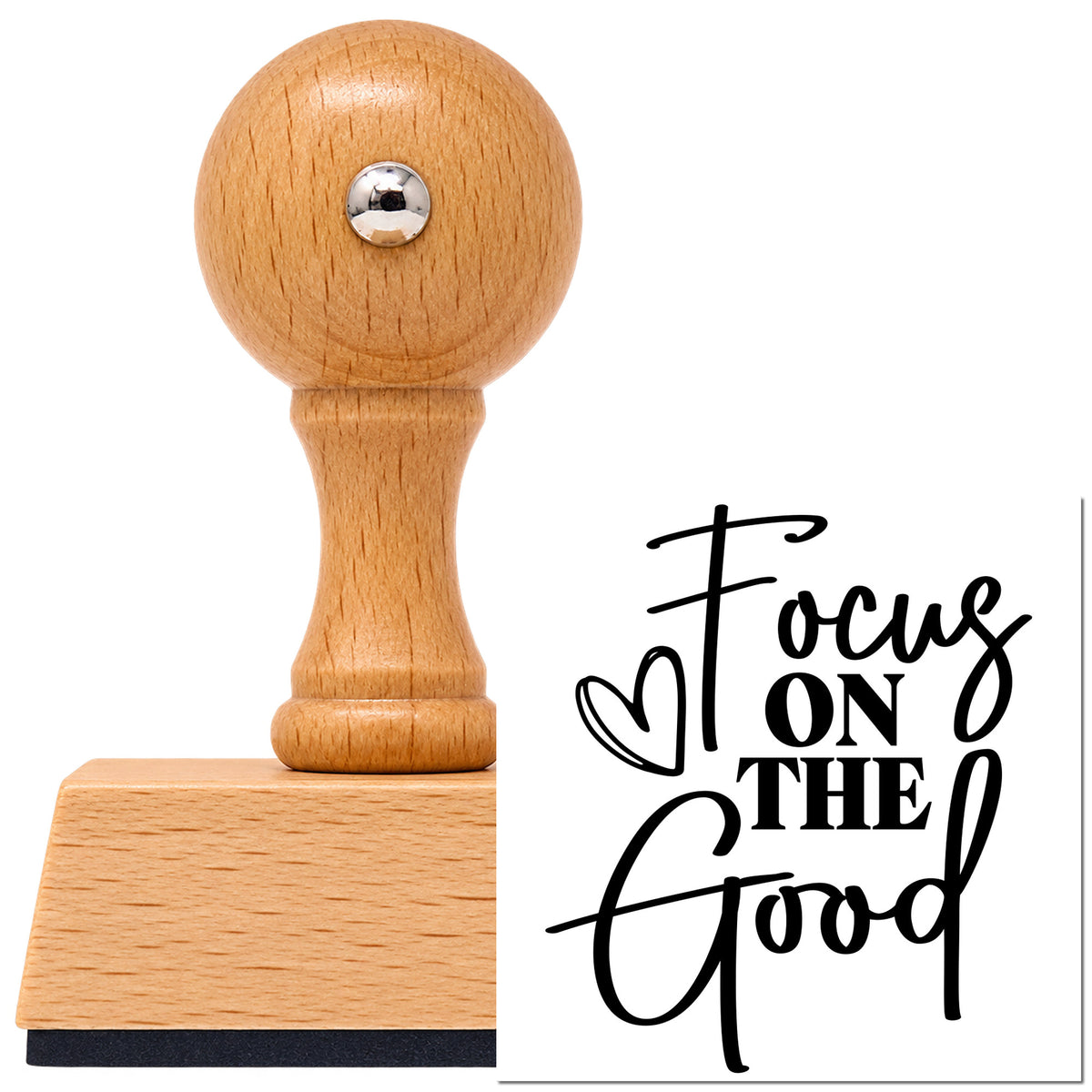 Vintage Pro beech wood stamp with a round knob handle, shown with its black Focus On The Good imprint on white.