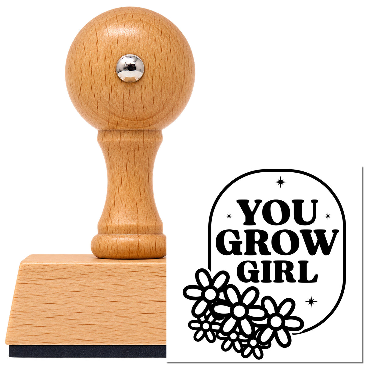 Vintage Pro beech wood stamp with a round knob handle, shown with its black You Grow Girl Flowers imprint on white.