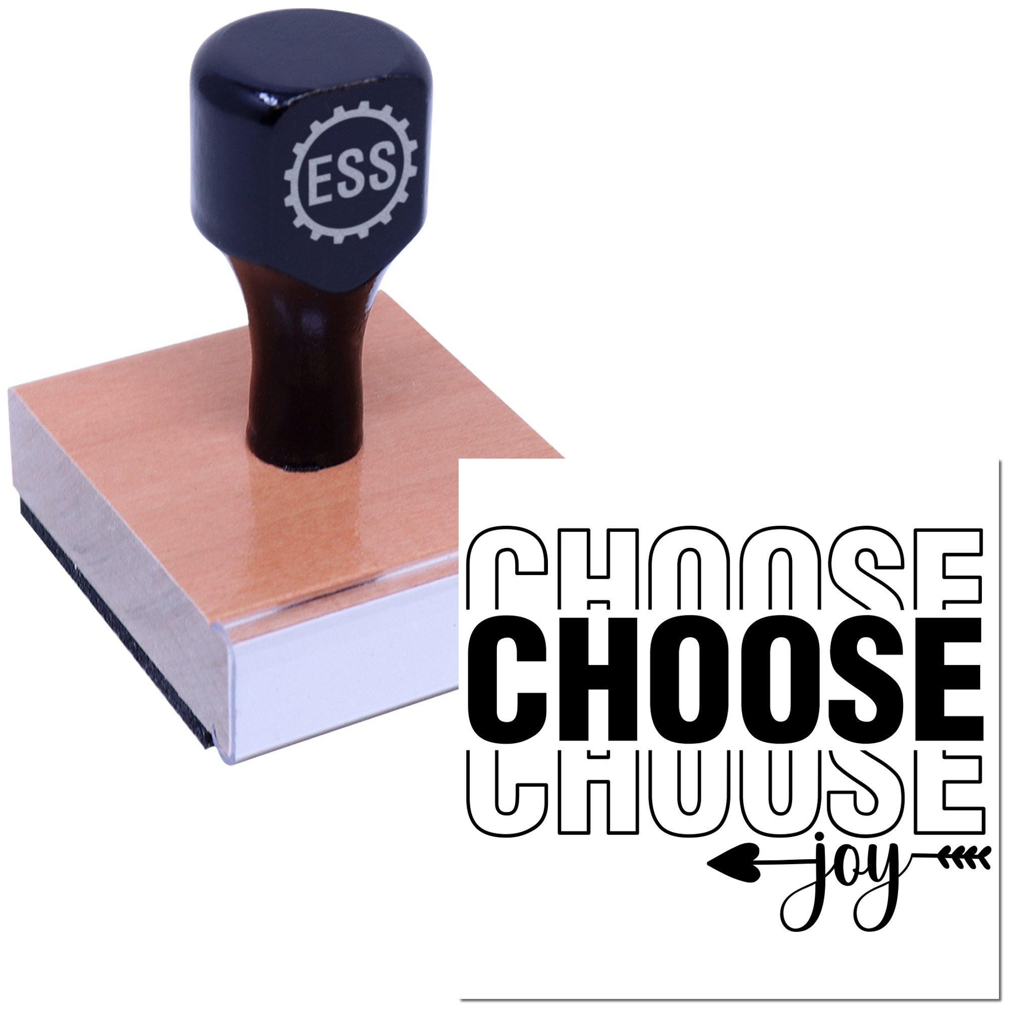 Custom stamp and seal with navy handle, wooden base, and bold black CHOOSE text on a white background.