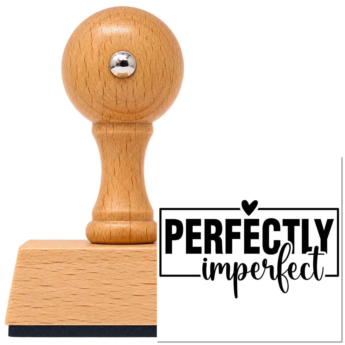 Vintage Pro beech wood stamp with a round knob handle, shown with its black Perfectly Imperfect Heart Framed Lettering imprint on white.