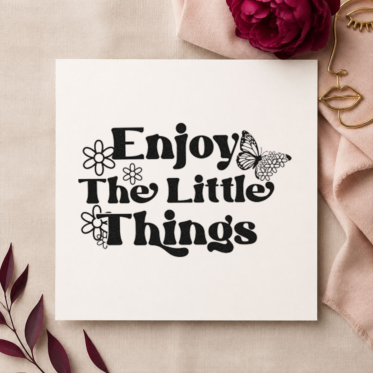 Enjoy The Little Things rubber stamp printed in black ink, ready for booking day sheet and similar paper crafts.
