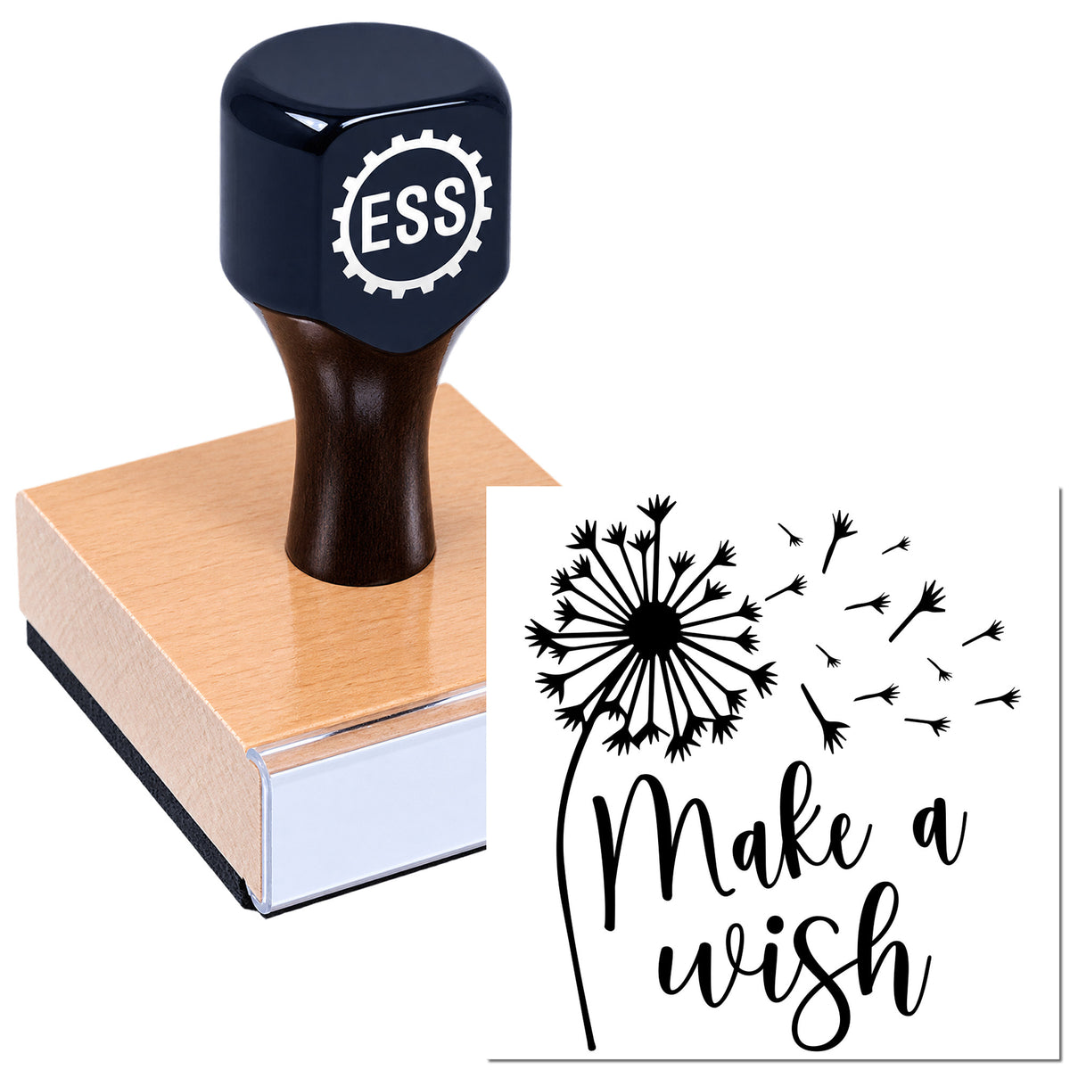 Black ESS custom stamp and dandelion seal design with "Make a wish" text on a wooden block