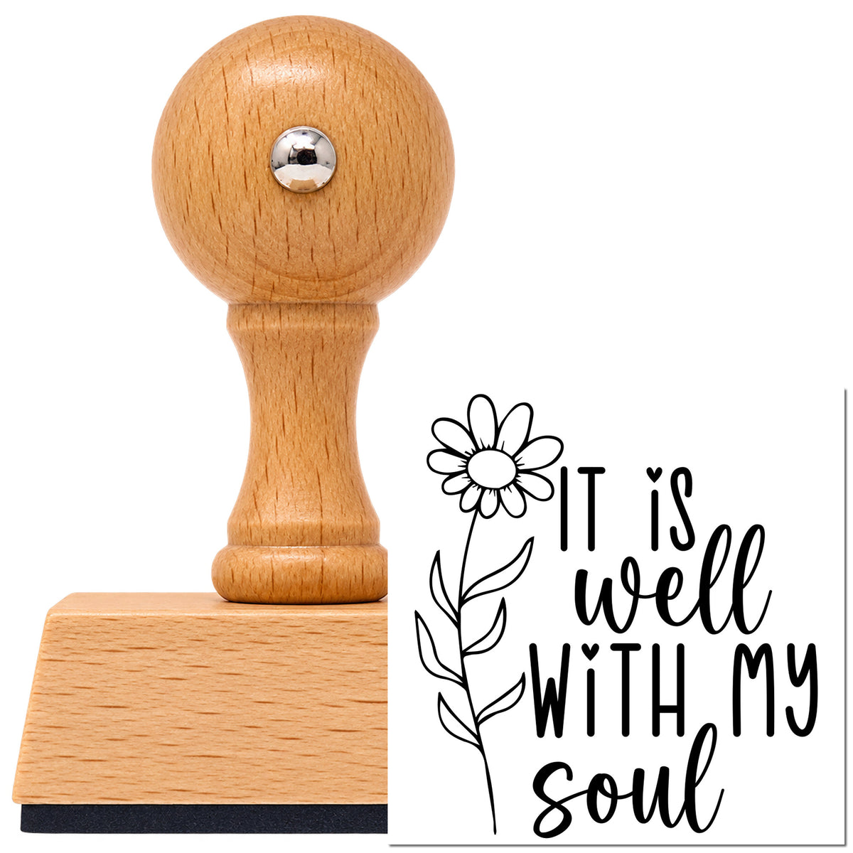 Vintage Pro beech wood stamp with a round knob handle, shown with its black Daisy And It Is Well Lettering imprint on white.