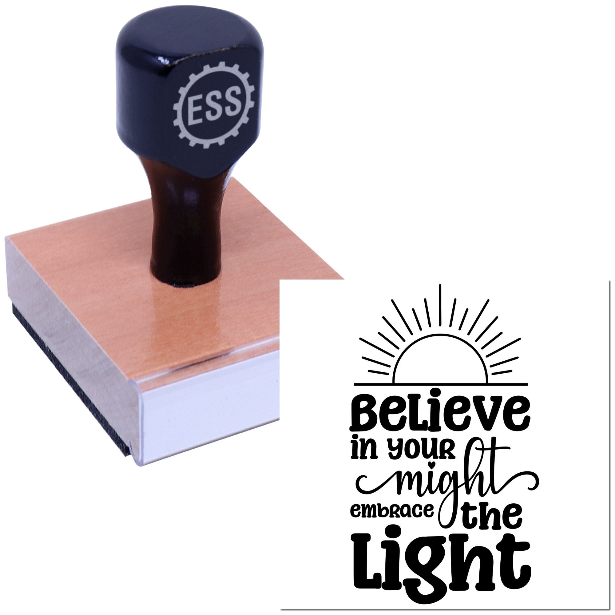 Dark blue ESSI stamp on a copper pad with sunrise seal reading Believe in your might, embrace the light.