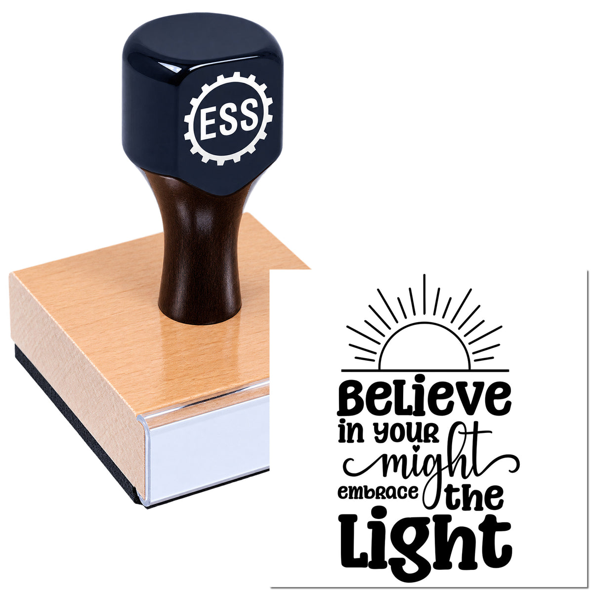 Dark blue ESSI stamp on a copper pad with sunrise seal reading "Believe in your might, embrace the light."